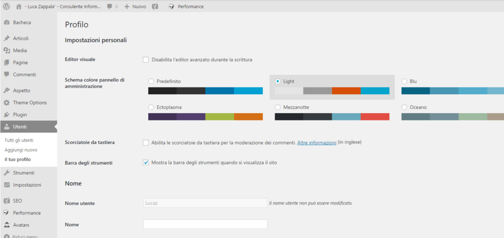 finestra profilo utente wordpress