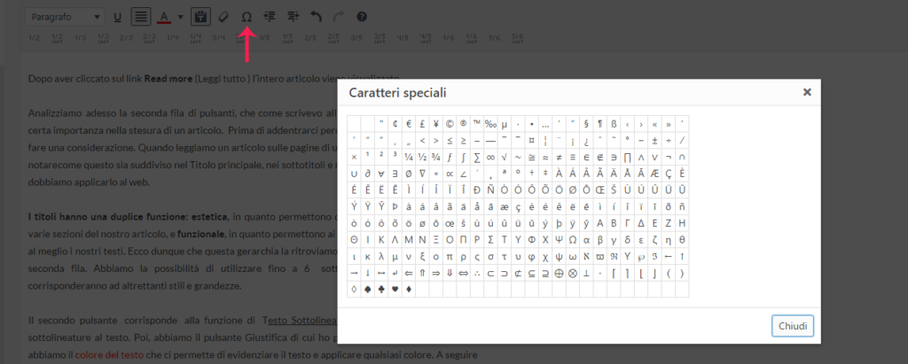 Pulsante caratter ispeciali wordpress